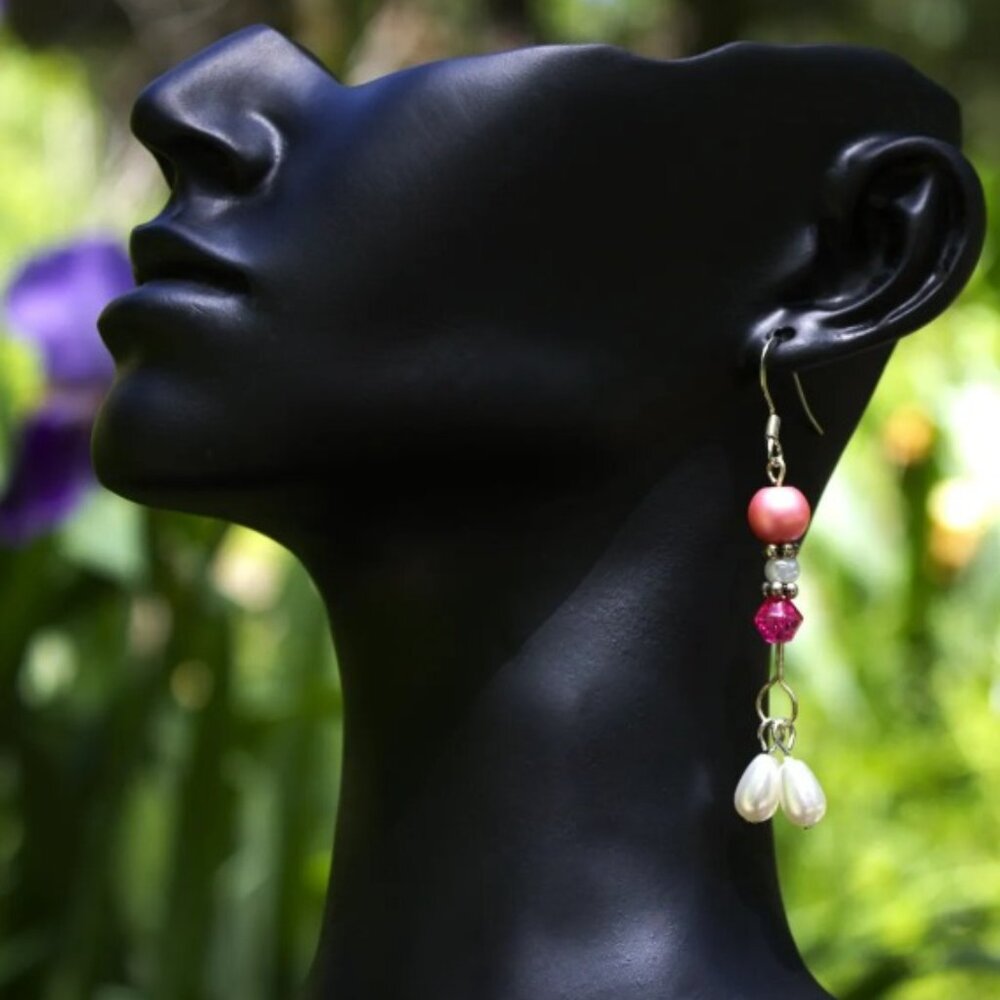 Pink and White Pearl Earrings with Pink Beads